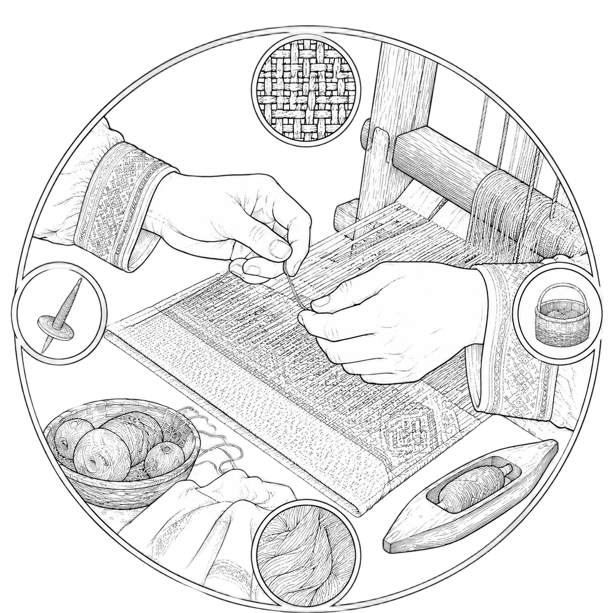 Line illustration of hands weaving Zhuang brocade on a traditional loom