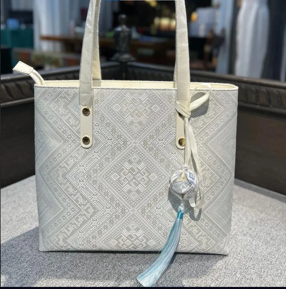 Large Zhuang Brocade Tote Bag - White