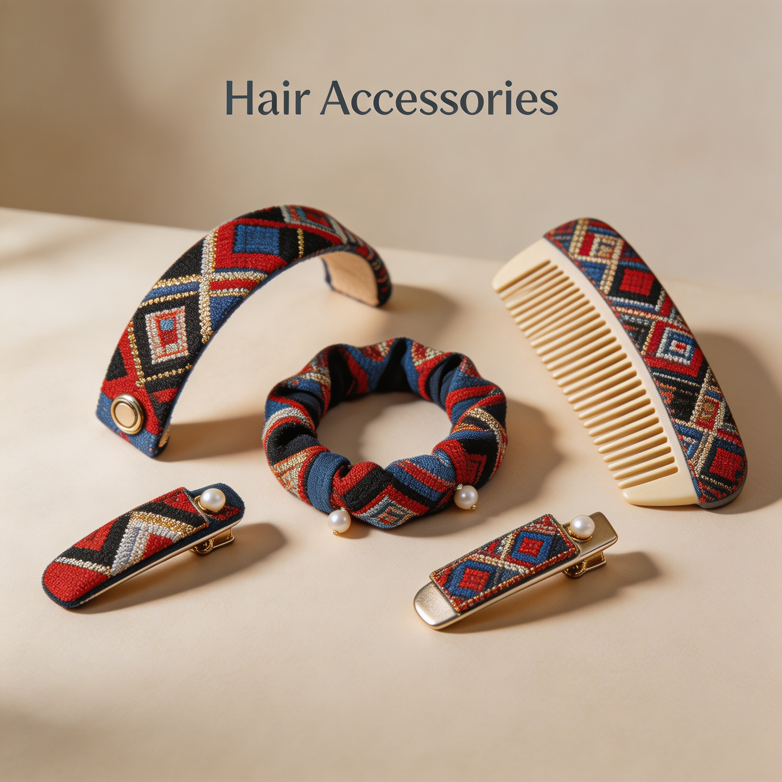 Geometric brocade headband, scrunchie and hair clips