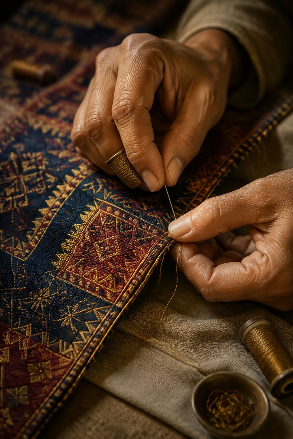 Artisan hand-stitching the edge of a geometric brocade textile