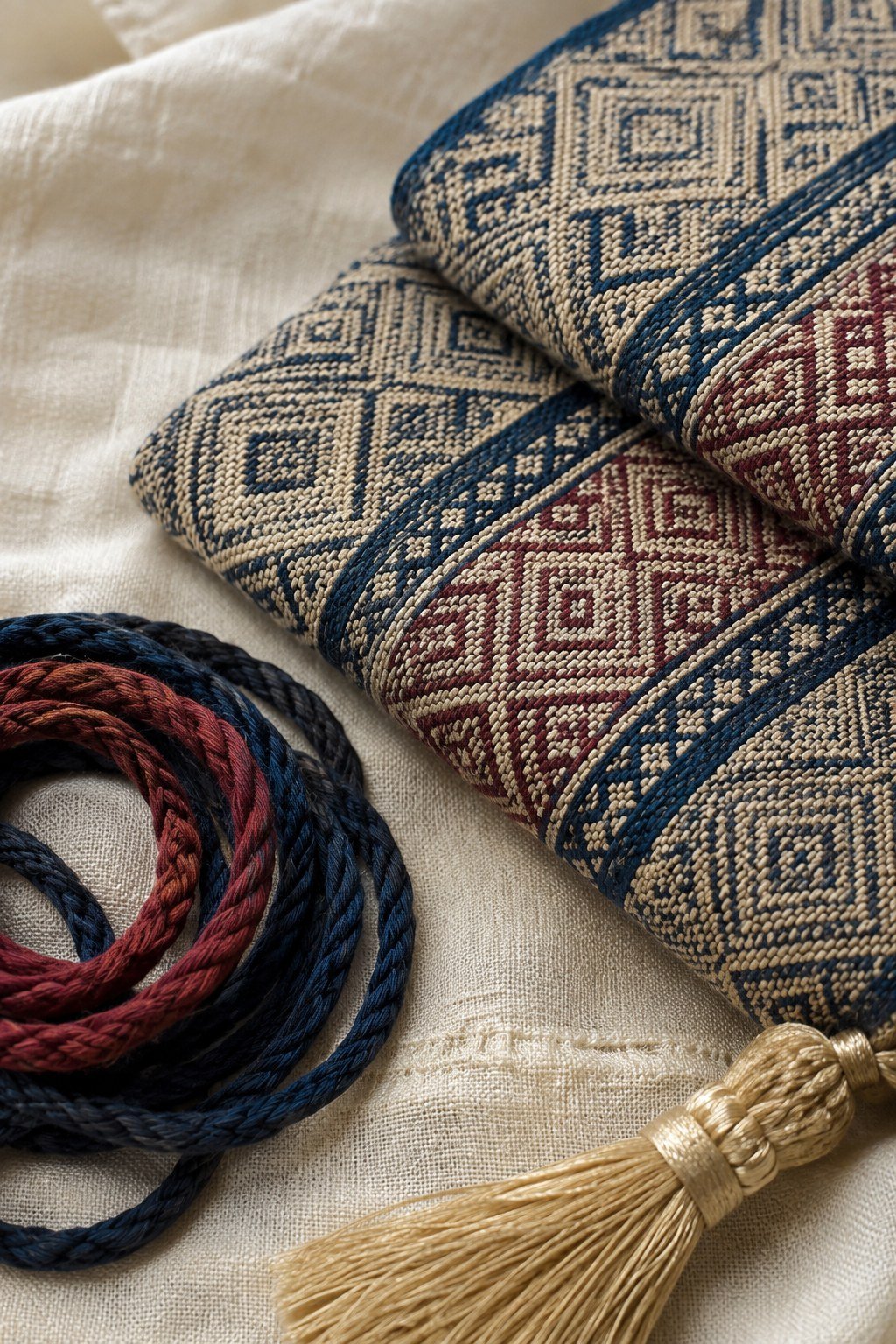 Geometric brocade fabric, braided cords and a gold tassel