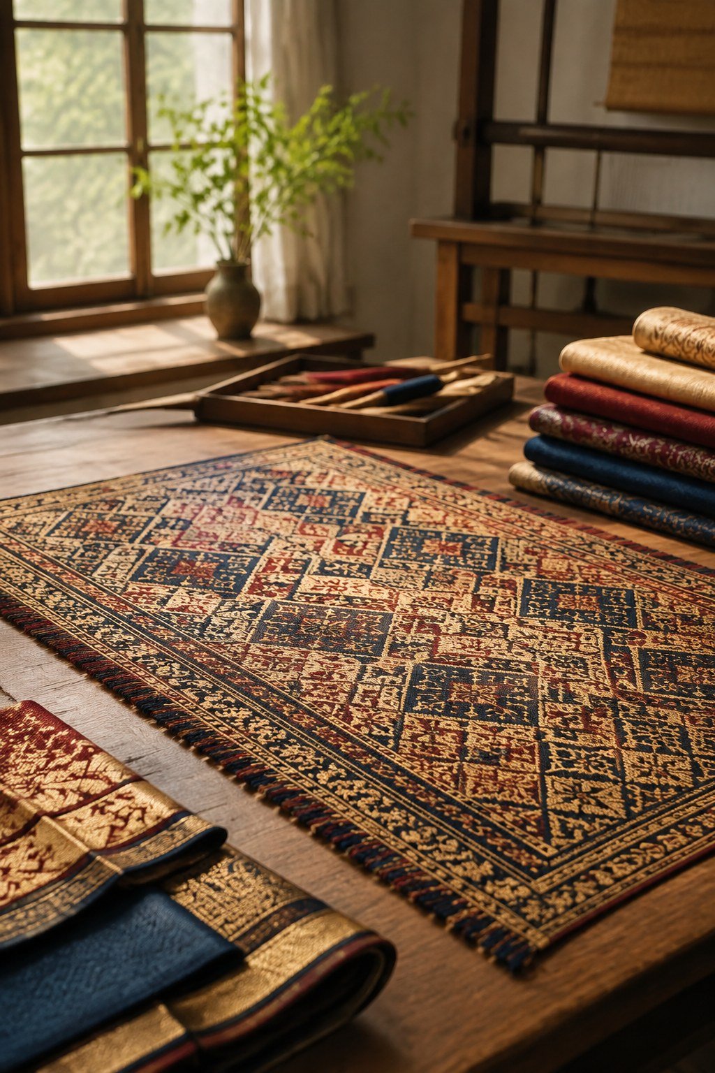 Patterned brocade panel and folded textiles in a traditional craft workshop