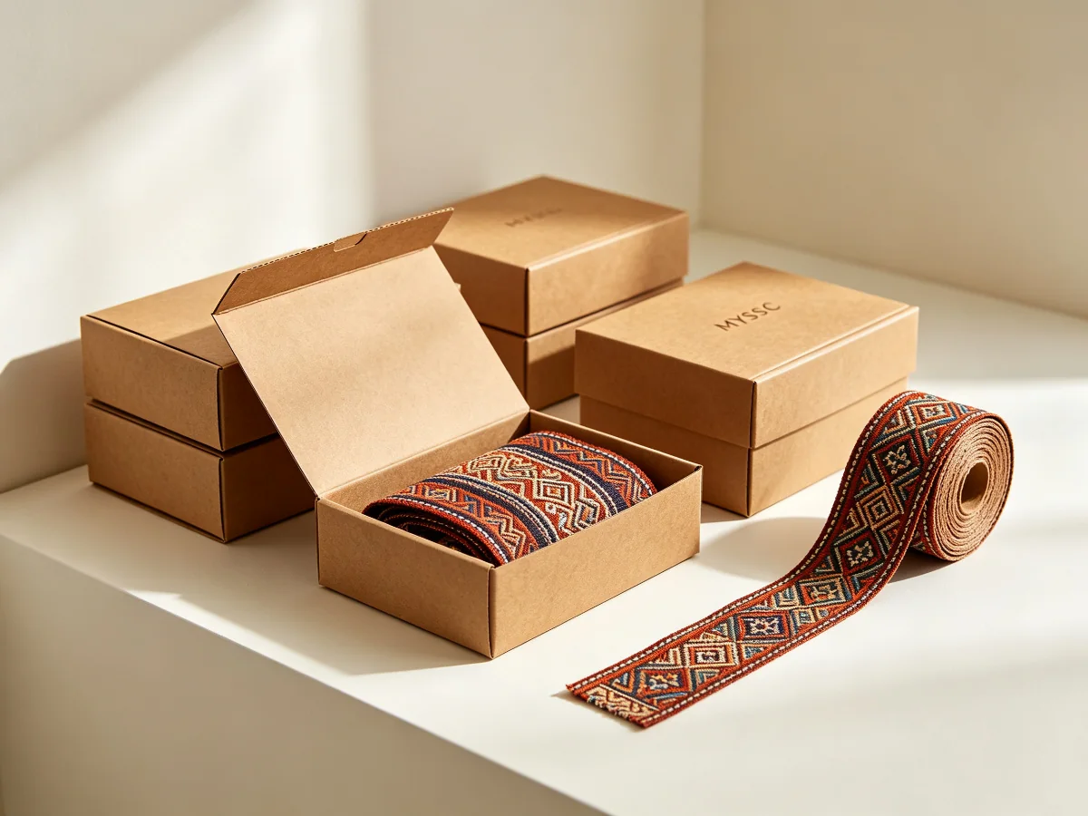 Kraft gift boxes with Zhuang brocade ribbon