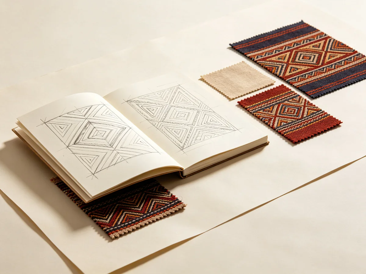 Design sketches and Zhuang brocade fabric samples