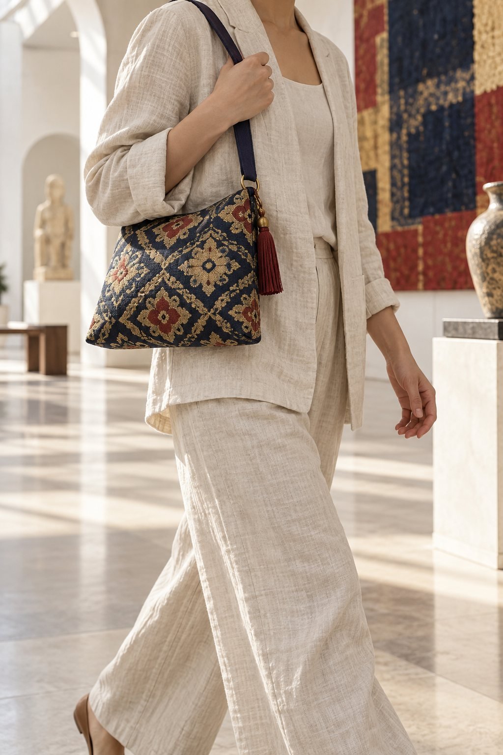 Anonymous customer carrying a geometric brocade shoulder pouch in a bright gallery