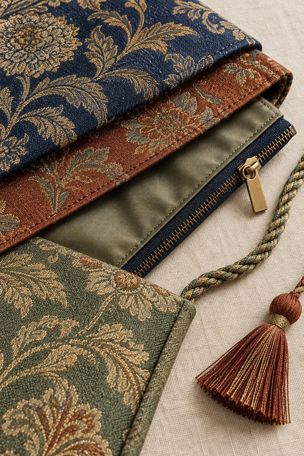 Geometric brocade fabric, finished seams and zipper hardware in close-up
