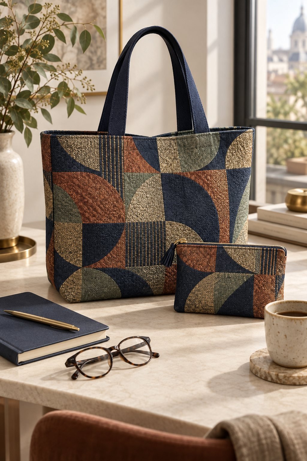 Geometric brocade tote and pouch styled on a professional workspace
