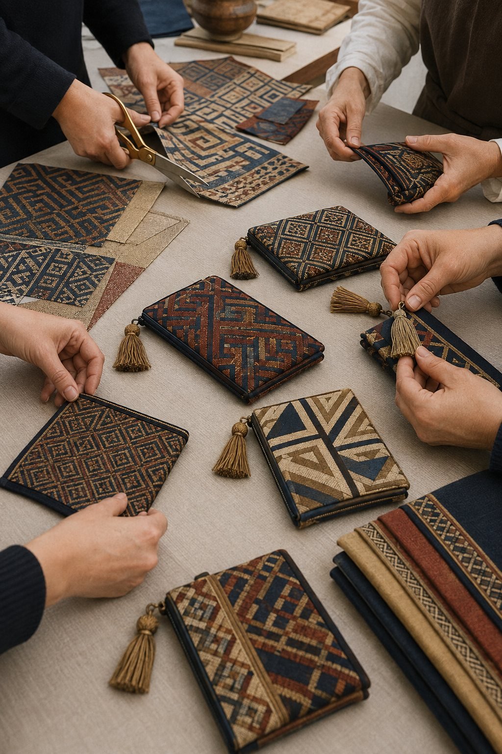 Artisans assembling a small batch of geometric brocade accessories at a worktable
